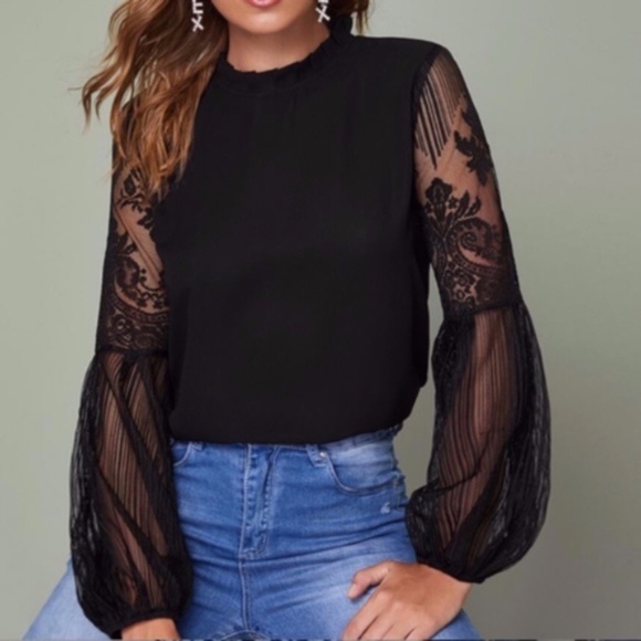 Bellanblue Tops - black mock neck lace sheer sleeve boho top